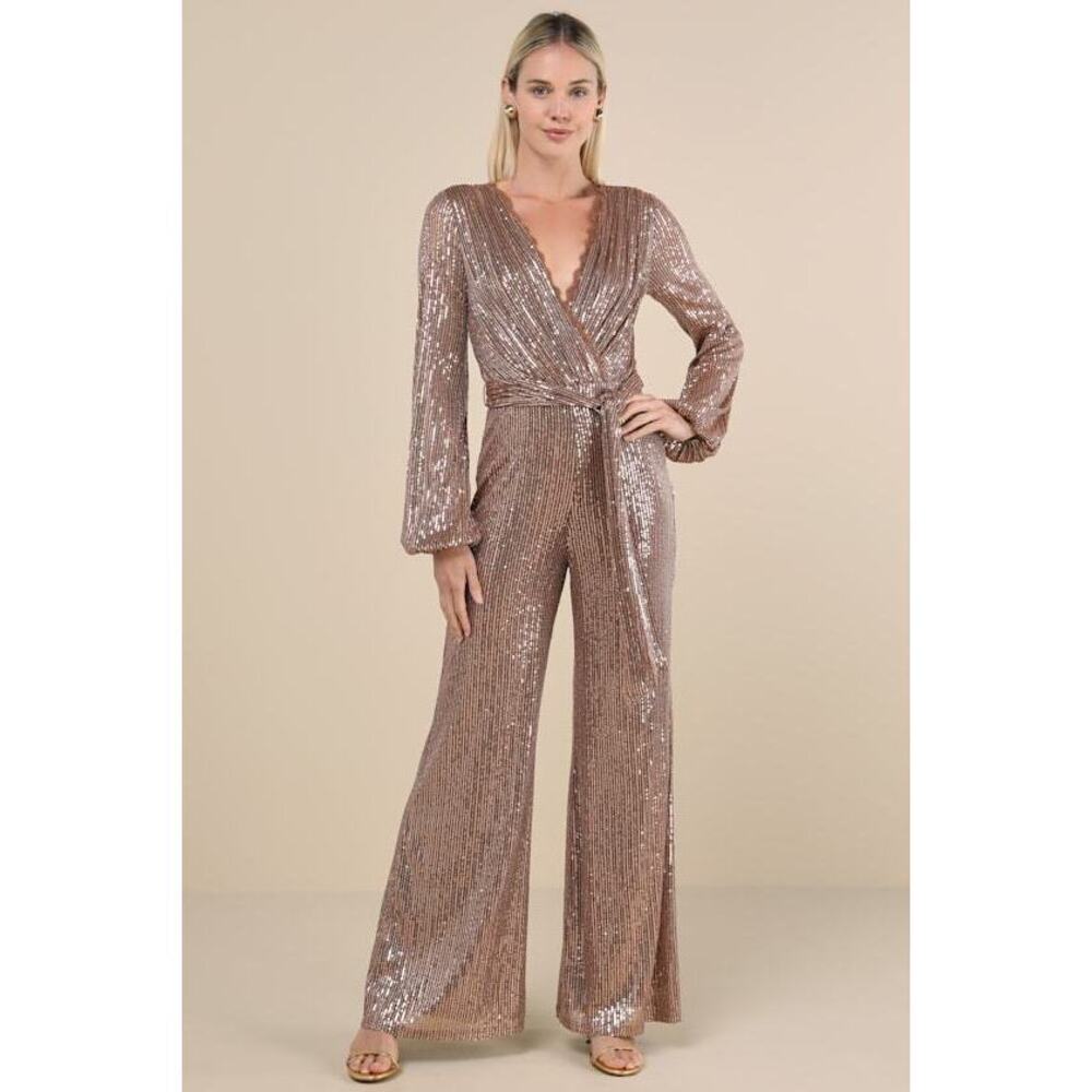 Lulus Effervescent Attitude Bronze Mesh Sequin Long Sleeve Jumpsuit Brown XL